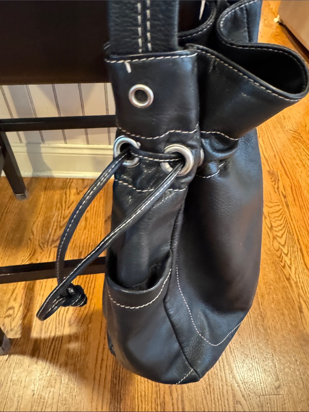 Kenneth Cole Reaction Black Leather Drawstring Bucket Shoulder Bag - Picture 3 of 6